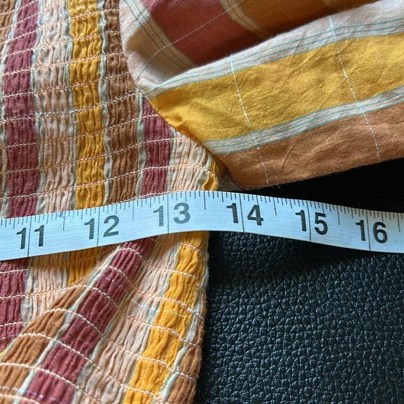 Sezane Magda Mini Dress Cotton Orange Pinstripe Smocked Metallic Sz 36 US S - Picture 16 of 16